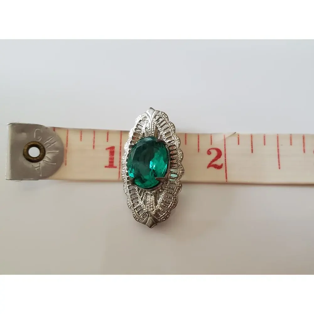 Antique Art Deco Green Glass Filagree Rhodium Plated Brooch